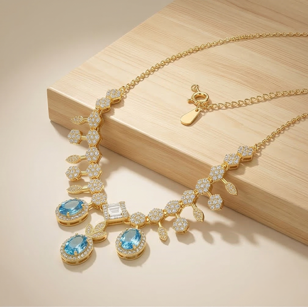 Sterling Silver Gold Plated Statement Blue Gemstone Necklace Jewellery for Women
