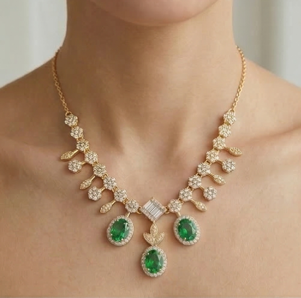 Sterling Silver Gold Plated Emerald Green Statement Drop Necklace Jewellery