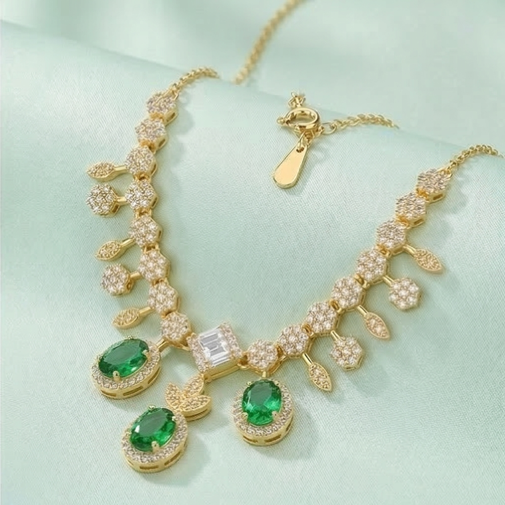 Sterling Silver Gold Plated Emerald Green Statement Drop Necklace Jewellery