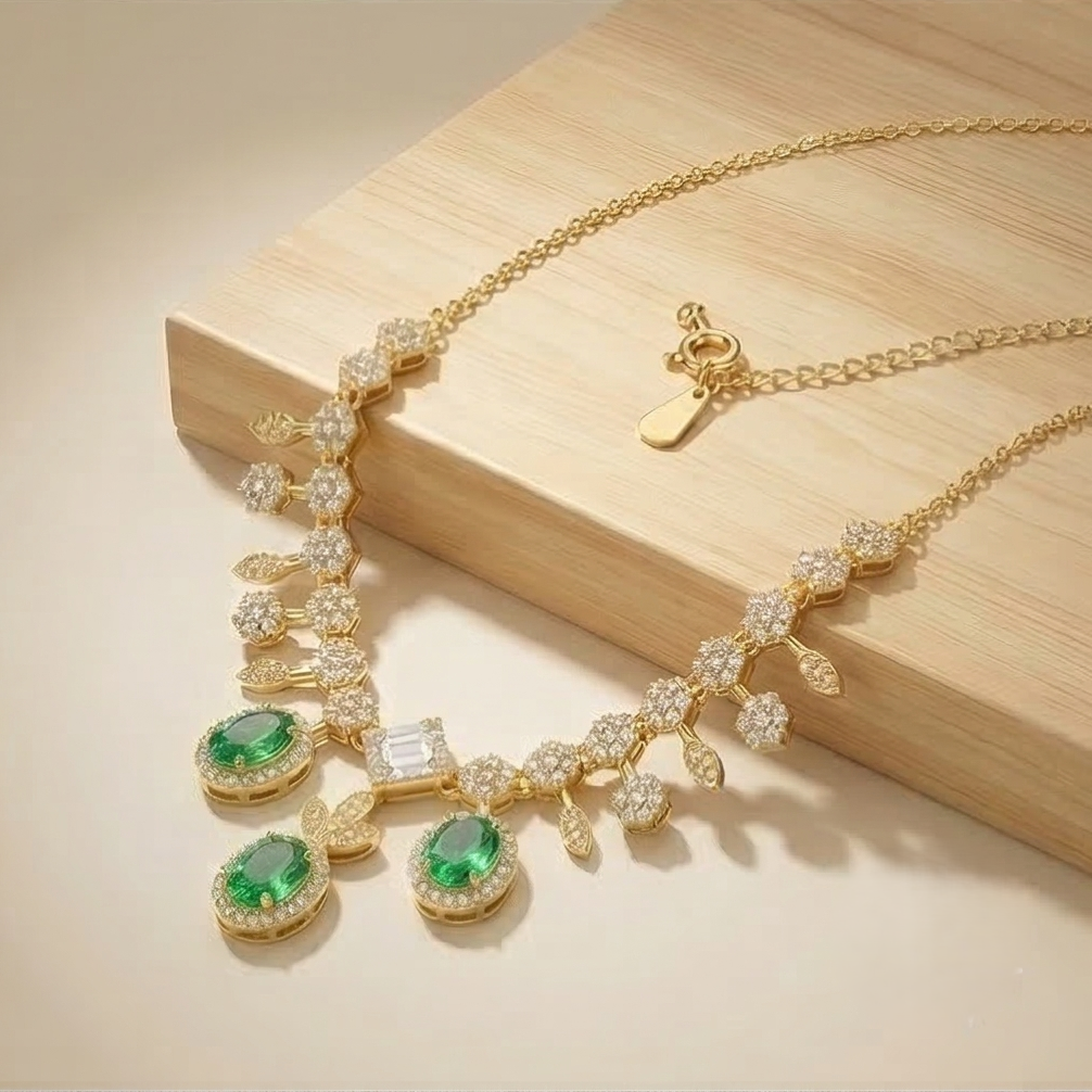Sterling Silver Gold Plated Emerald Green Statement Drop Necklace Jewellery