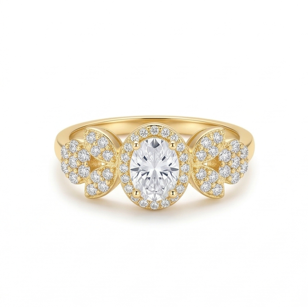 Sterling Silver Oval Clear Halo Floral Ring Yellow Gold Finish Jewellery for Women - Size 8