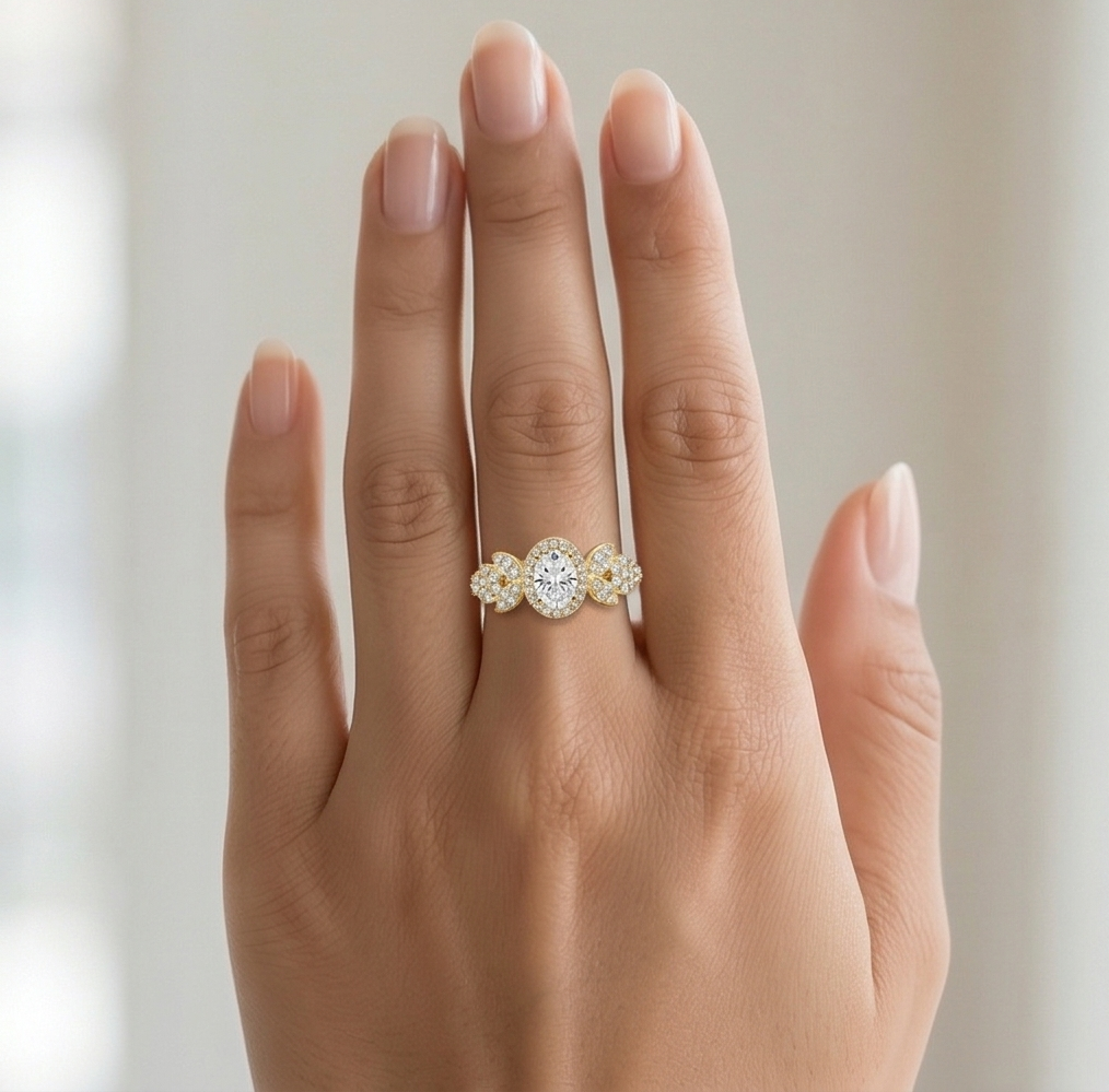 Sterling Silver Oval Clear Halo Floral Ring Yellow Gold Finish Jewellery for Women - Size 8