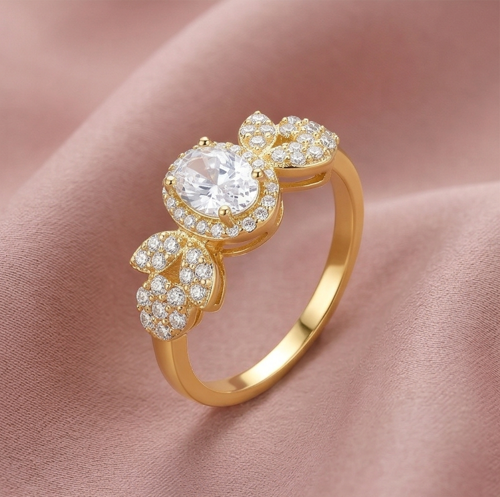 Sterling Silver Oval Clear Halo Floral Ring Yellow Gold Finish Jewellery for Women - Size 8