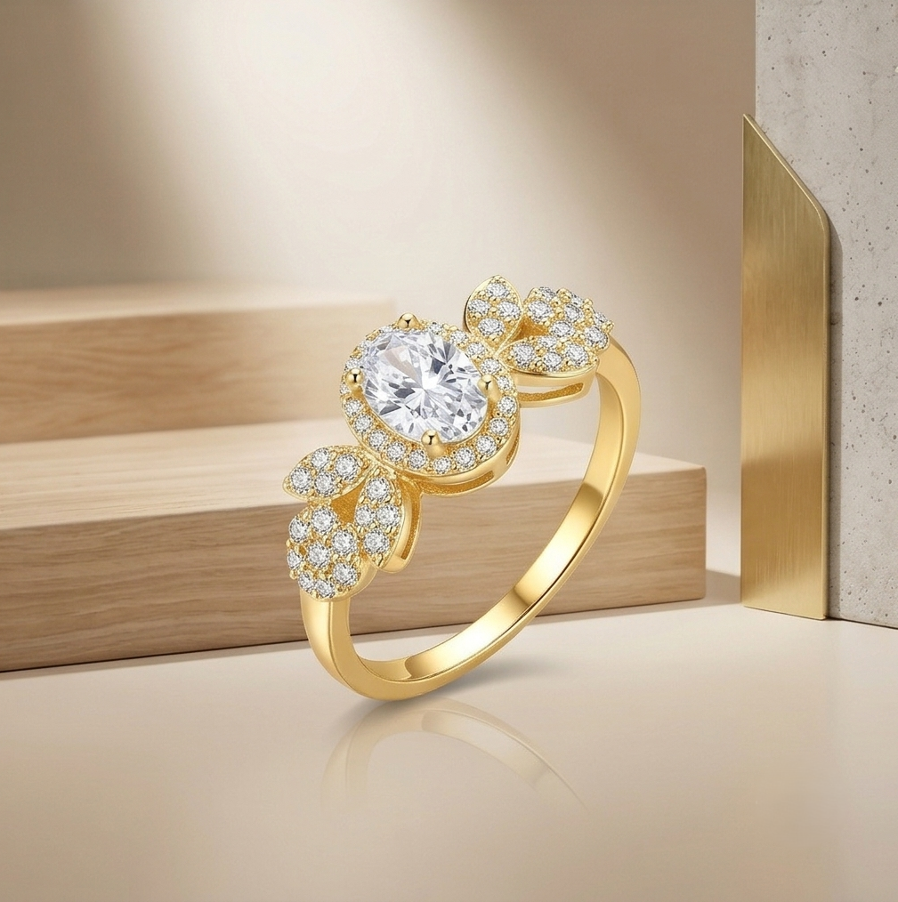 Sterling Silver Oval Clear Halo Floral Ring Yellow Gold Finish Jewellery for Women - Size 8