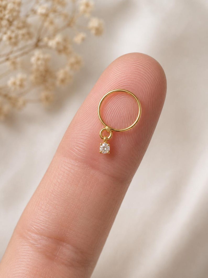 Gold Plated Sterling Silver Nose Ring Hoop with CZ Charm – Dainty Minimalist Piercing Jewelry