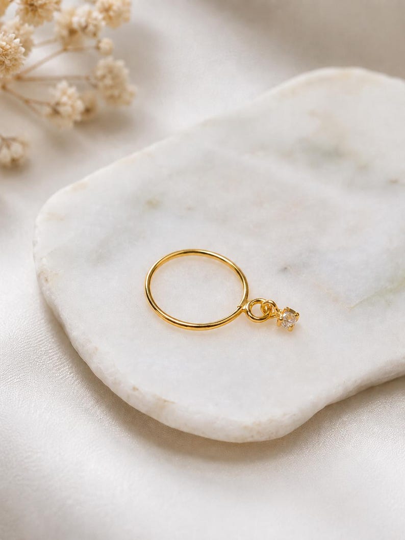 Gold Plated Sterling Silver Nose Ring Hoop with CZ Charm – Dainty Minimalist Piercing Jewelry