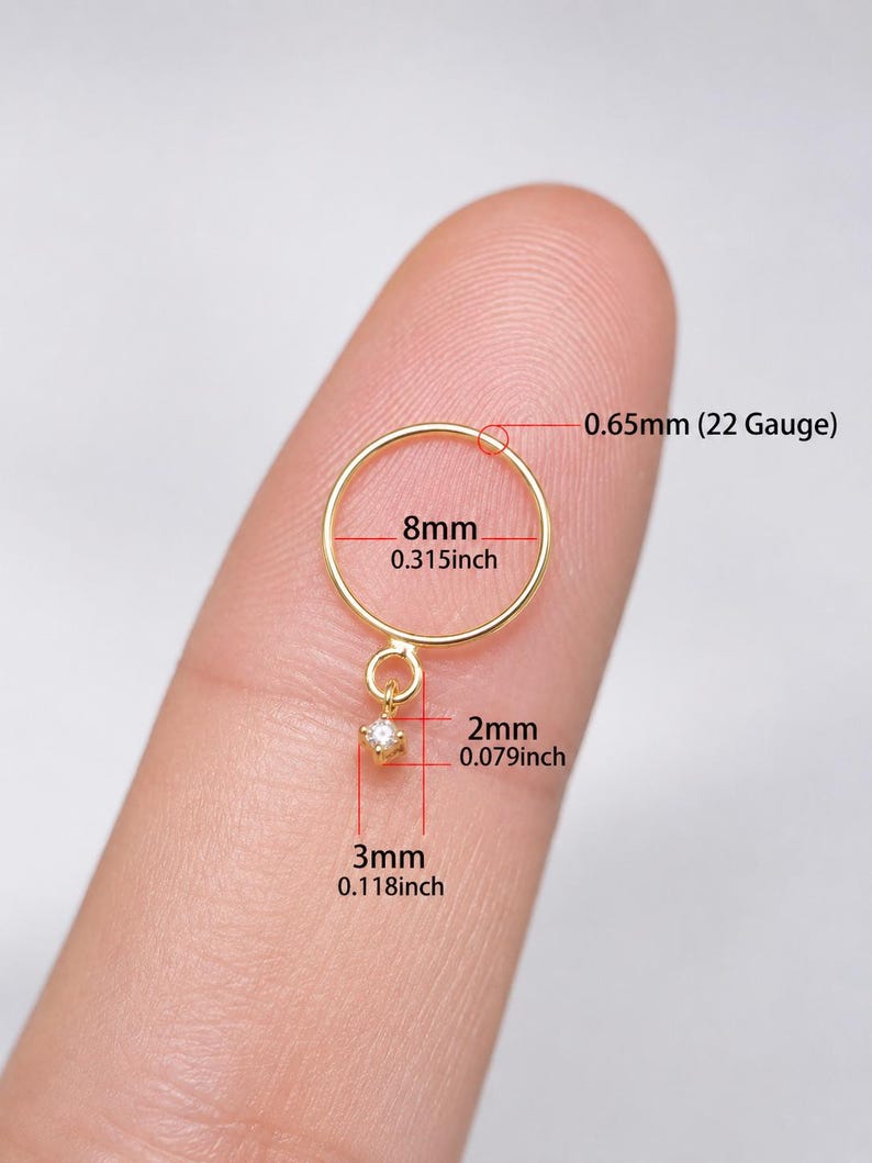 Gold Plated Sterling Silver Nose Ring Hoop with CZ Charm – Dainty Minimalist Piercing Jewelry