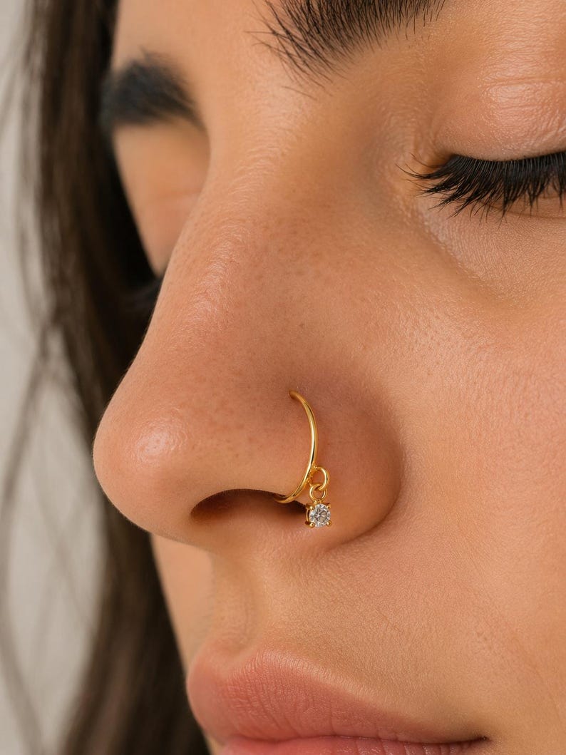 Gold Plated Sterling Silver Nose Ring Hoop with CZ Charm – Dainty Minimalist Piercing Jewelry