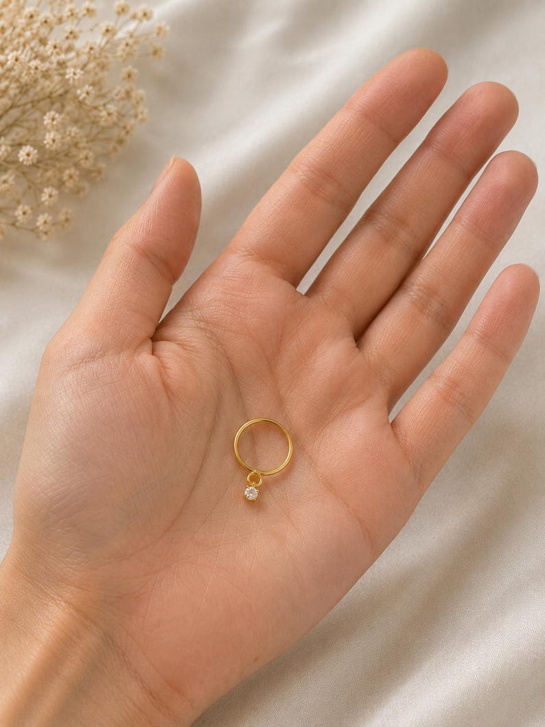 Gold Plated Sterling Silver Nose Ring Hoop with CZ Charm – Dainty Minimalist Piercing Jewelry