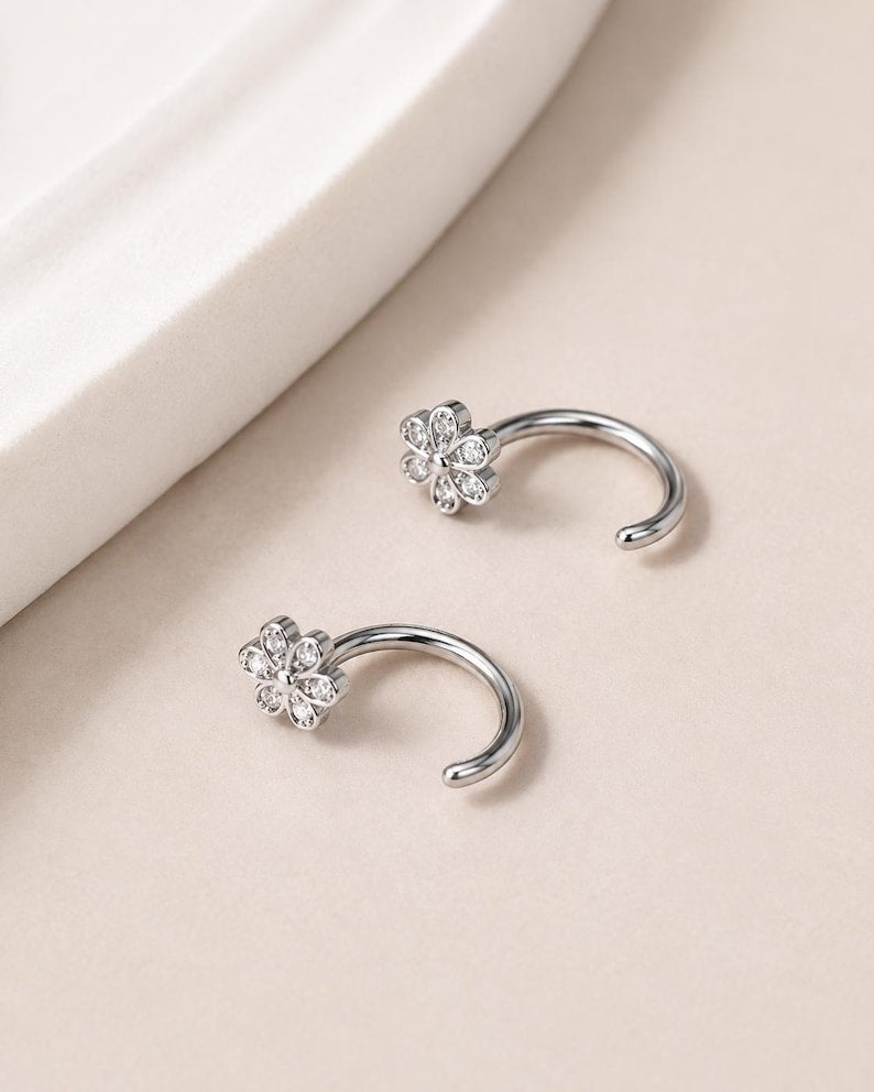 18K Gold Plated Floral Nose Hoop – 20G Adjustable Piercing with CZ Stones