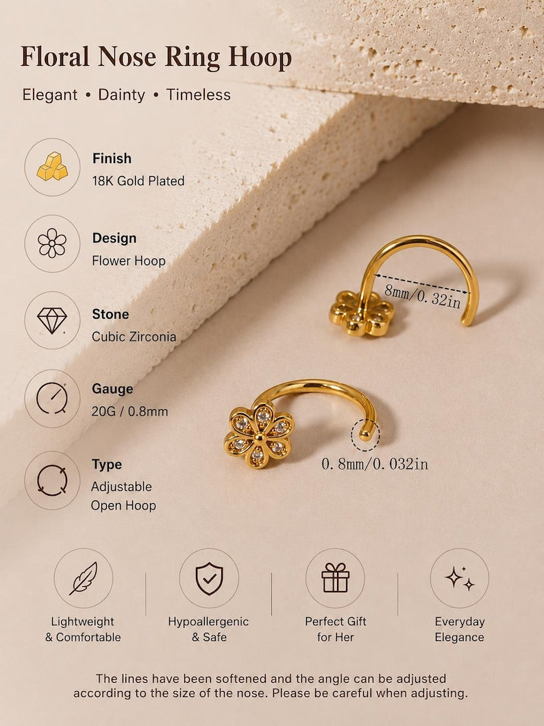 18K Gold Plated Floral Nose Hoop – 20G Adjustable Piercing with CZ Stones