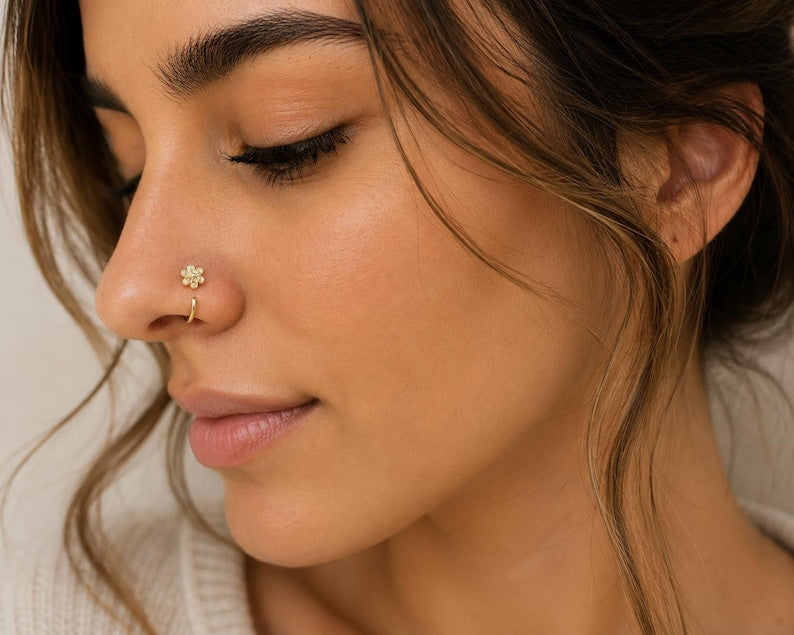 18K Gold Plated Floral Nose Hoop – 20G Adjustable Piercing with CZ Stones