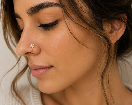 18K Gold Plated Floral Nose Hoop – 20G Adjustable Piercing with CZ Stones