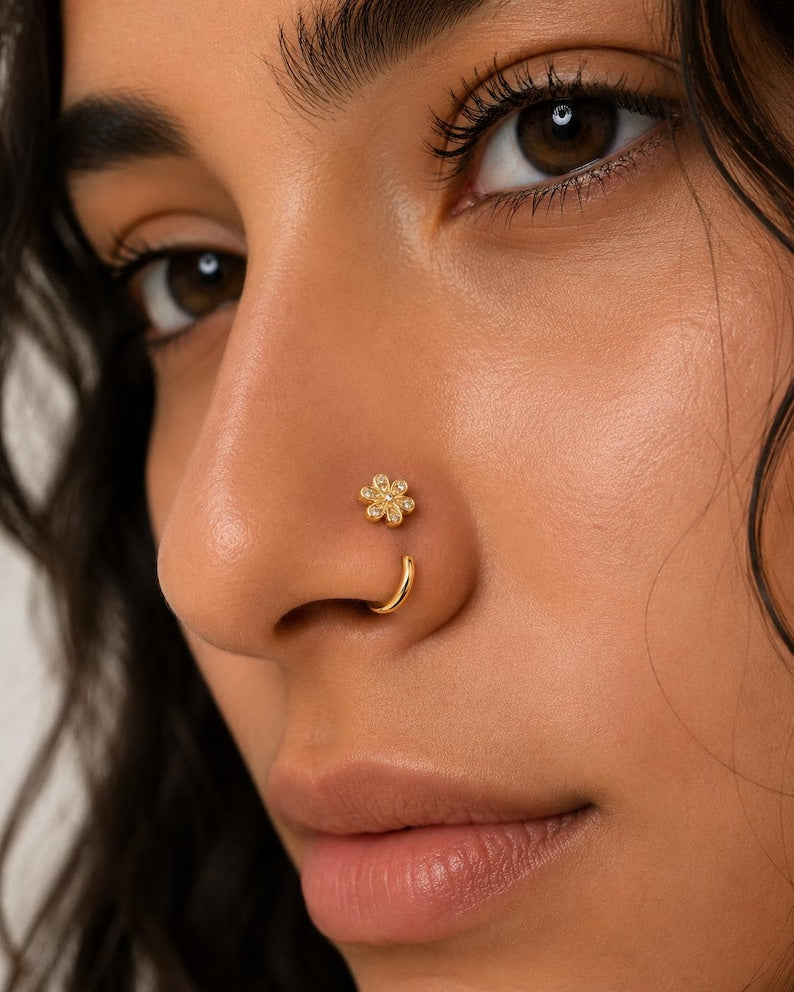 18K Gold Plated Floral Nose Hoop – 20G Adjustable Piercing with CZ Stones