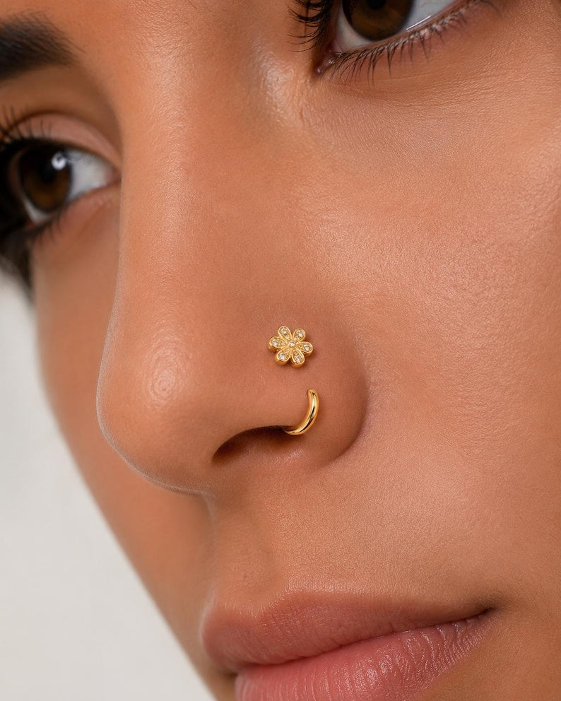 18K Gold Plated Floral Nose Hoop – 20G Adjustable Piercing with CZ Stones
