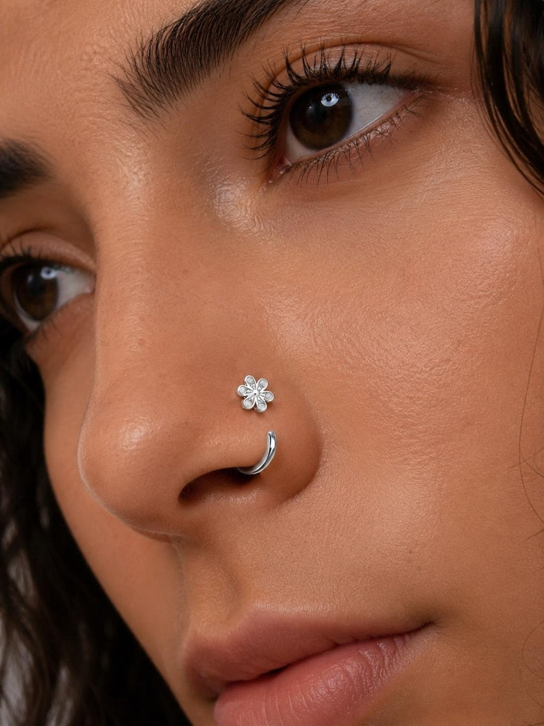 18K Gold Plated Floral Nose Hoop – 20G Adjustable Piercing with CZ Stones